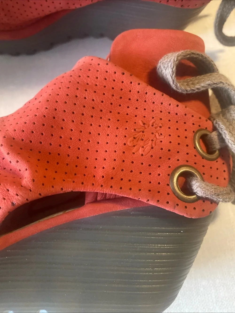 Fly London Lace Up Open Toe Wedge Sandals Red Suede Womens 37 US 6 6.5